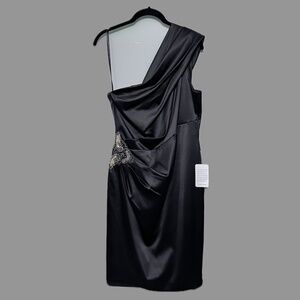 Eliza J Black One Shoulder Dress Beaded Rhinestone Bat Appliqué